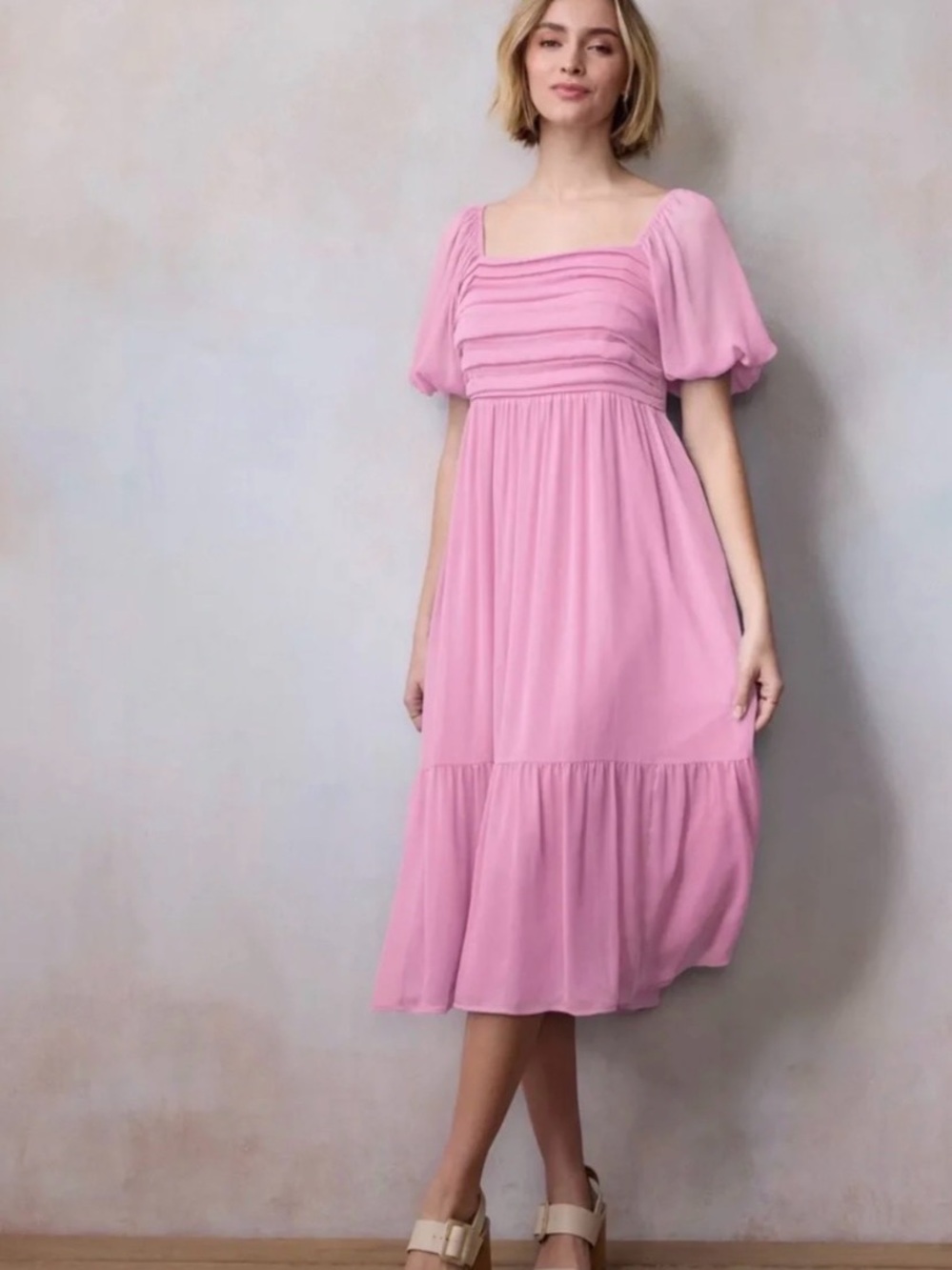 LC Lauren Conrad Blush Pink Square-Neck Midi Dress with Puff Sleeves